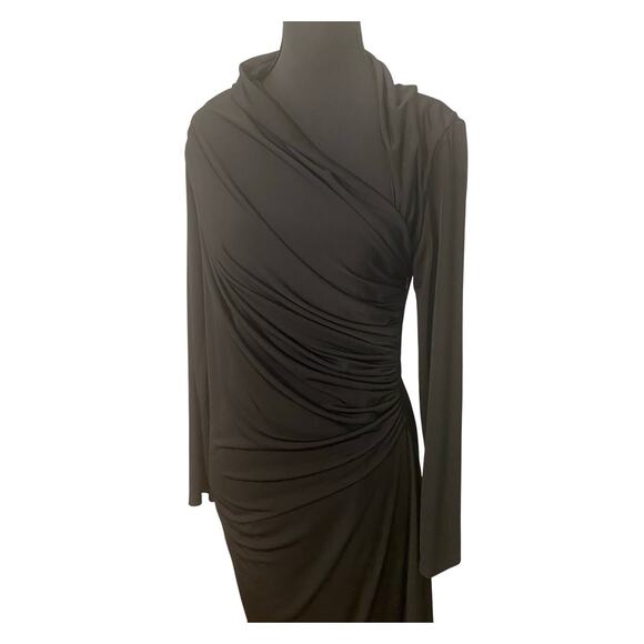David Meister Black Draped Ruched Long Sleeve Stretch Dress Size 10 LBD - Picture 2 of 9